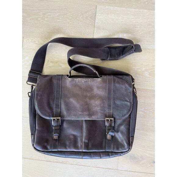 Samsonite Leather Fold Over Laptop Case Double Gusset Dark Brown Computer Bag - Picture 1 of 11